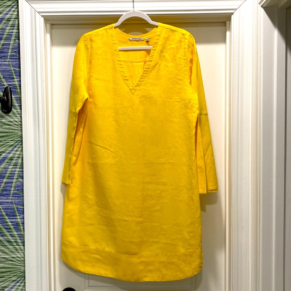 Canary yellow linen V neck dress. Mid thigh.